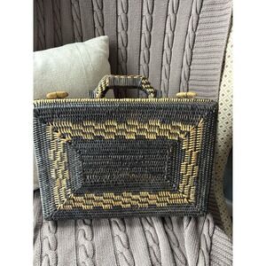 VTG Black Tan 1960s Wicker Rattan Sewing Briefcase Handled Basket Wood Toggles